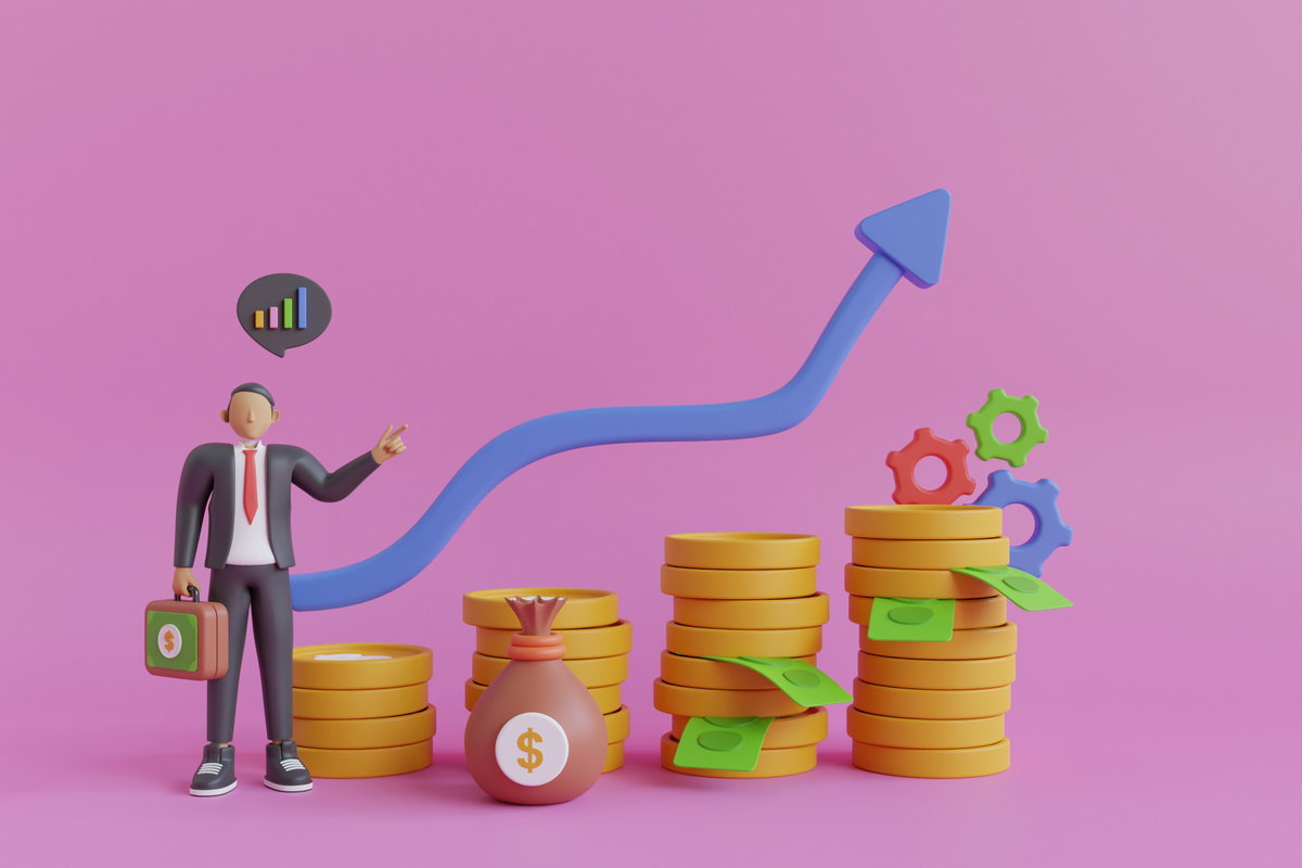 3d Businessman with growing chart. earning rising up graph profit increase concept. Business sales, investment, wealth or earning rising up graph profit increase concept, financial report graph with exponential arrow. 3d rendering
